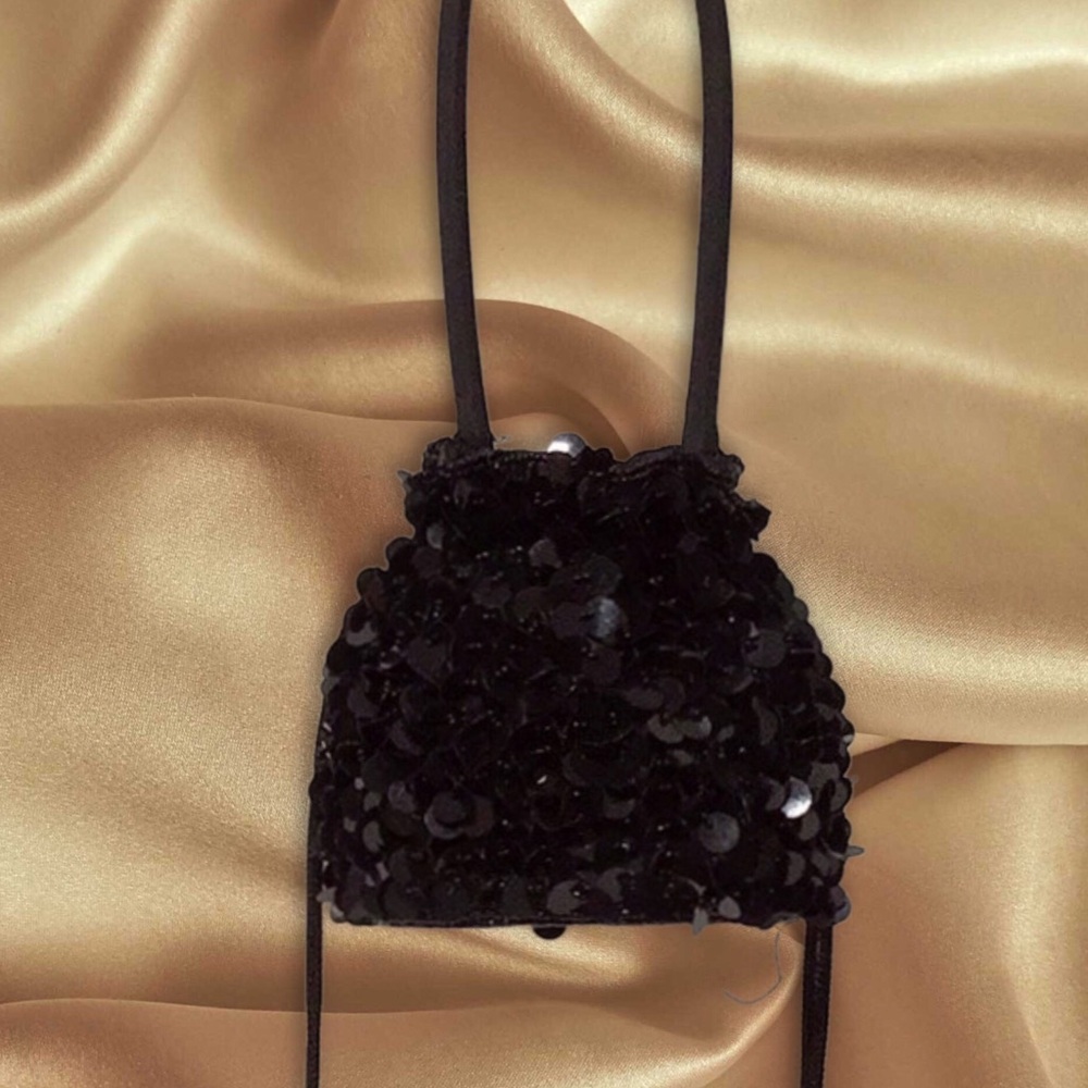 Evening Bag Beaded Sequins Drawstring Evening Bla… - image 2